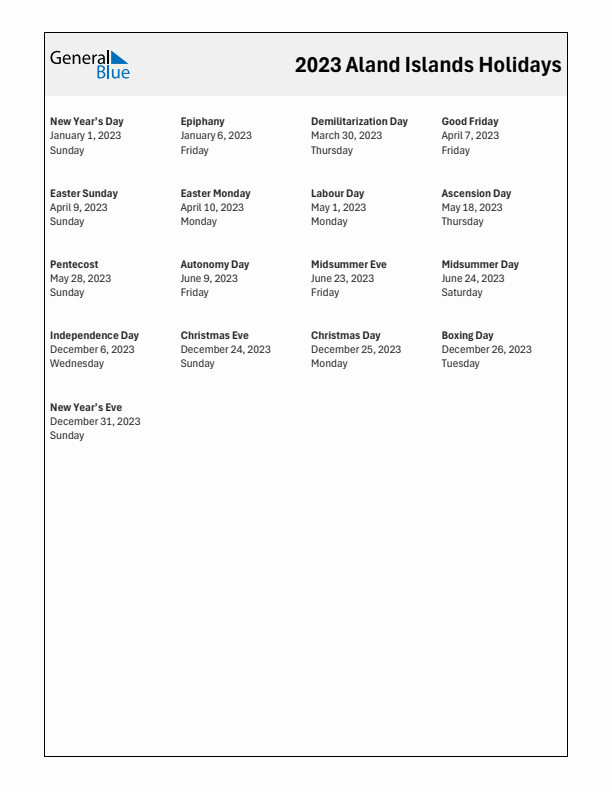 Free printable list of Aland Islands holidays for year 2023