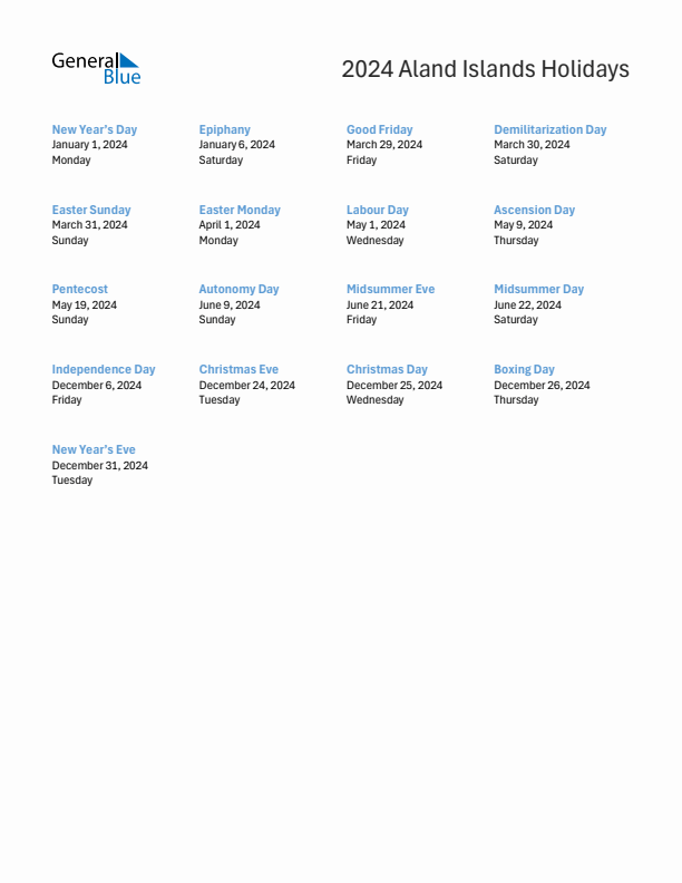 Free printable list of Aland Islands holidays for year 2024