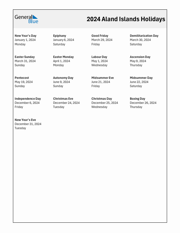 Free printable list of Aland Islands holidays for year 2024