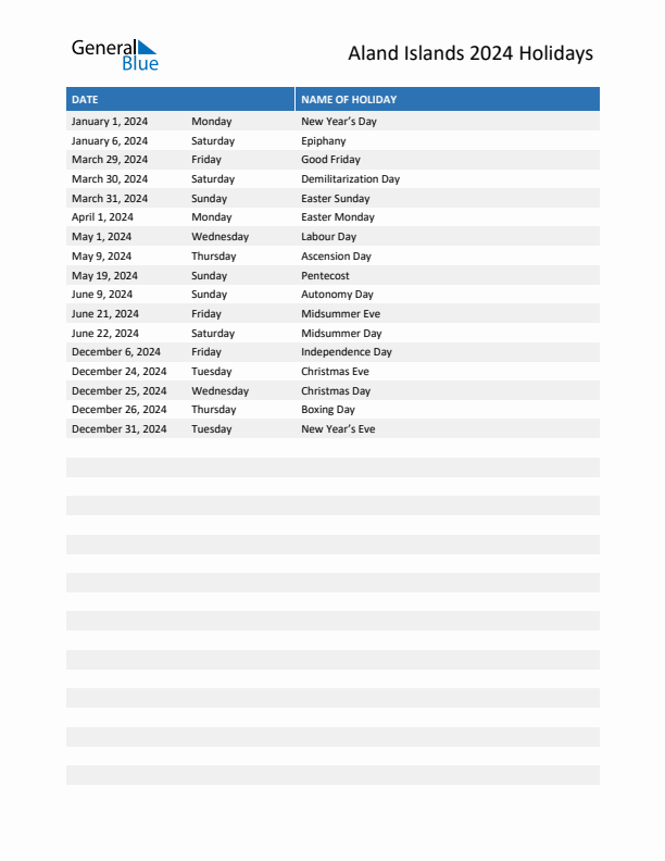 Free printable list of Aland Islands holidays for year 2024