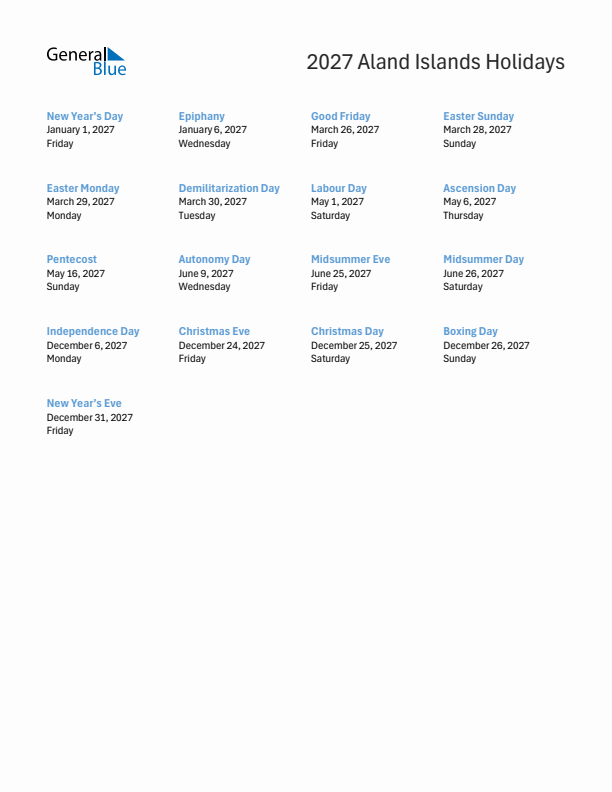 Free printable list of Aland Islands holidays for year 2027