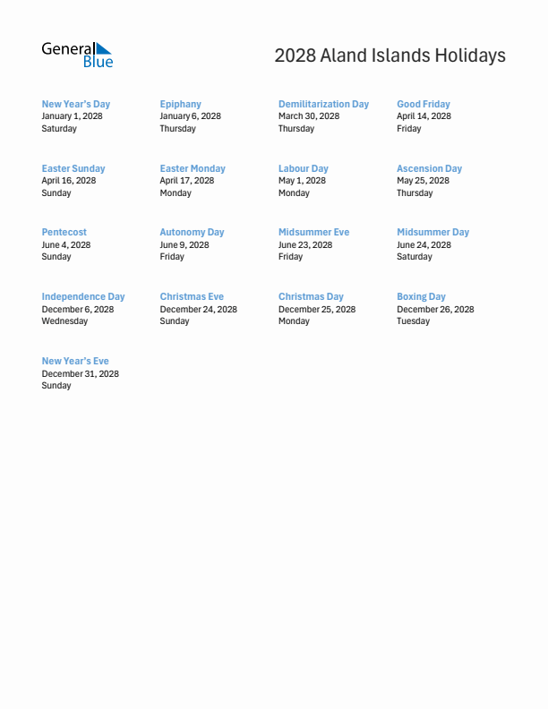 Free printable list of Aland Islands holidays for year 2028