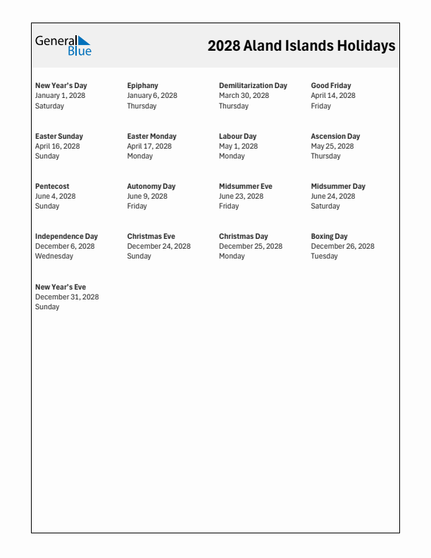 Free printable list of Aland Islands holidays for year 2028