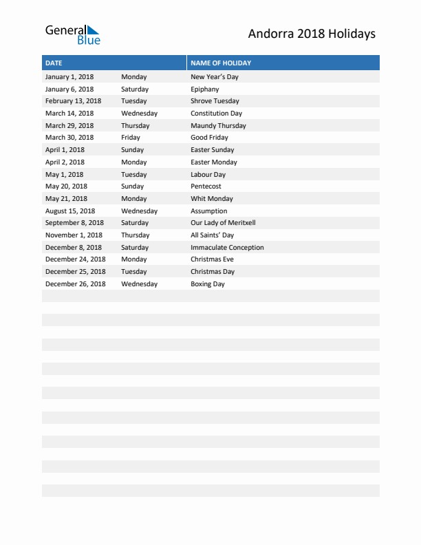 Free printable list of Andorra holidays for year 2018