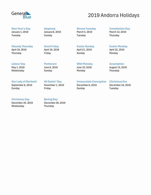 Free printable list of Andorra holidays for year 2019