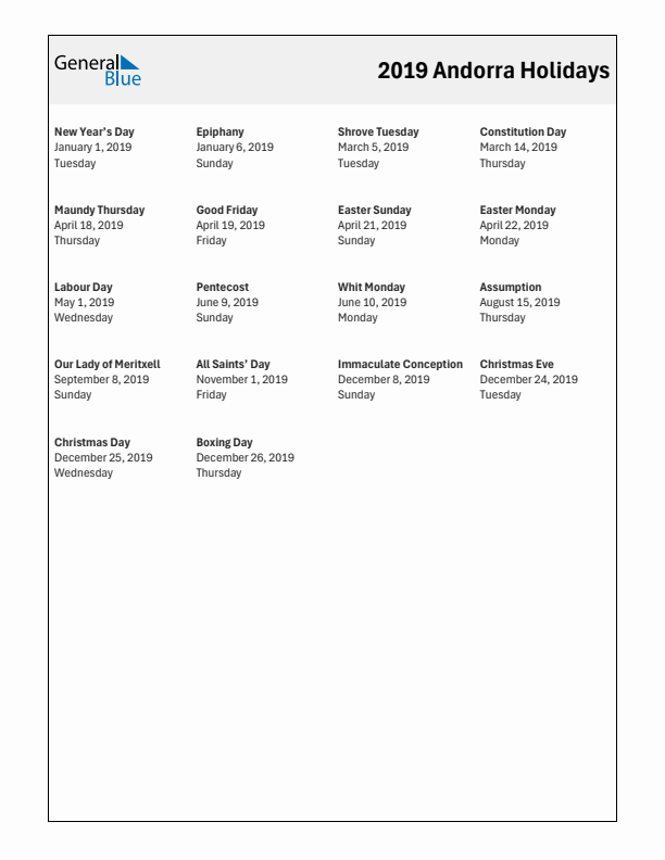 Free printable list of Andorra holidays for year 2019