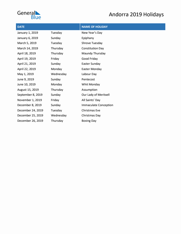 Free printable list of Andorra holidays for year 2019