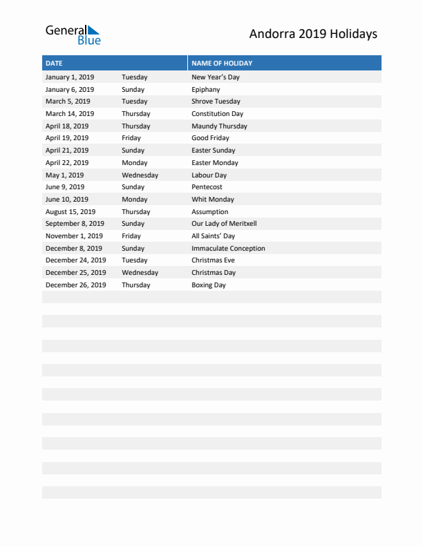 Free printable list of Andorra holidays for year 2019