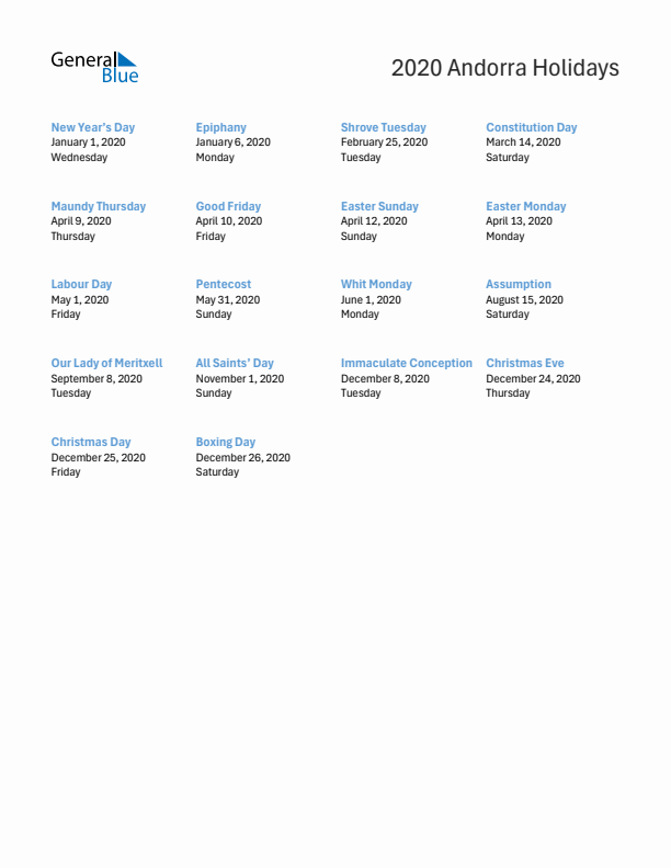 Free printable list of Andorra holidays for year 2020