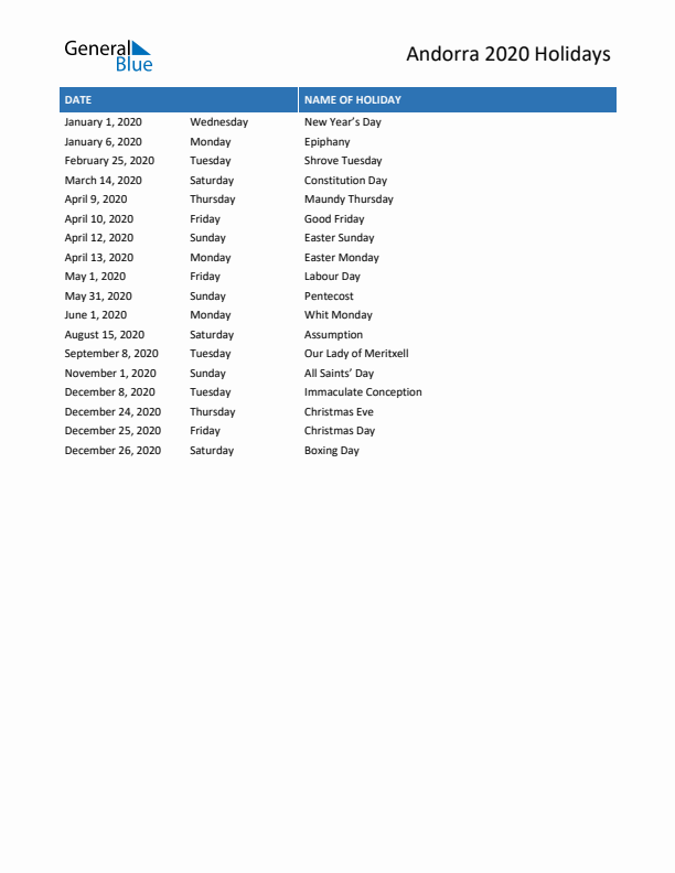 Free printable list of Andorra holidays for year 2020