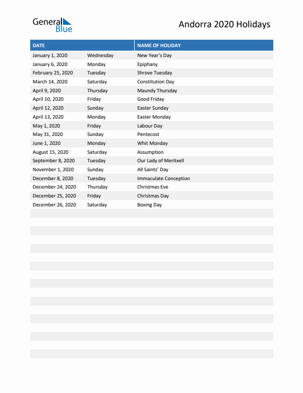 Free printable list of Andorra holidays for year 2020