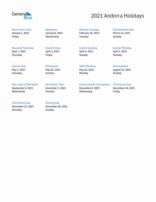 Free printable list of Andorra holidays for year 2021