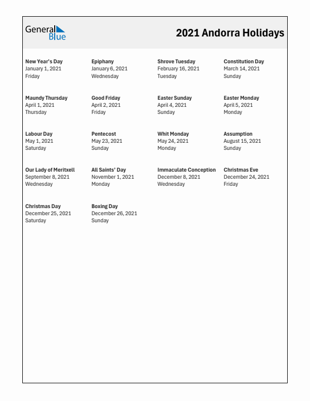 Free printable list of Andorra holidays for year 2021