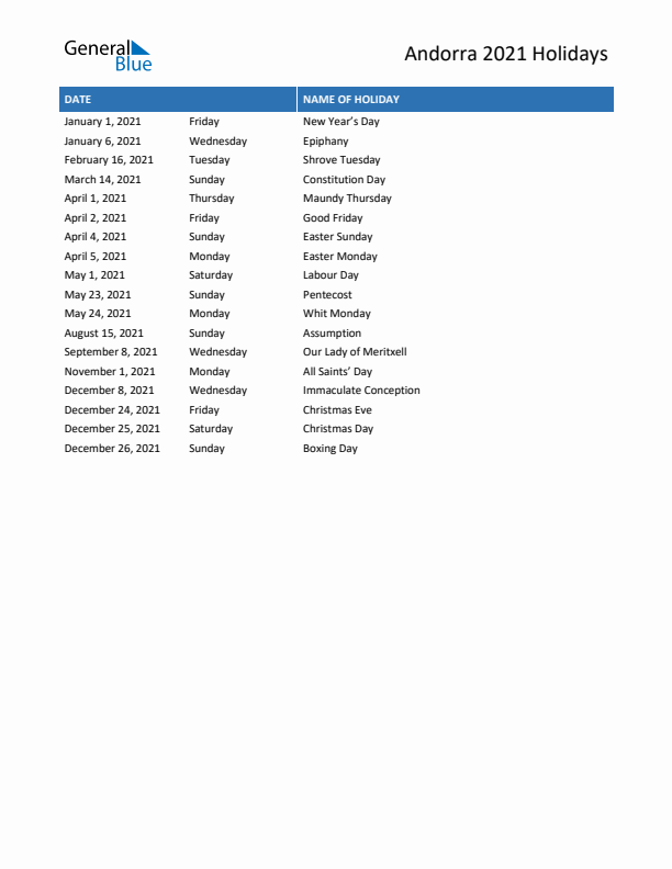 Free printable list of Andorra holidays for year 2021