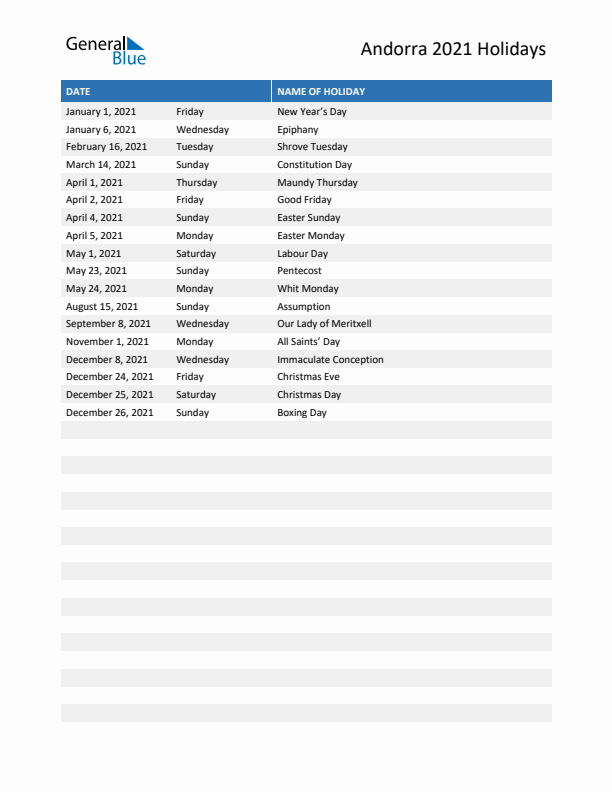 Free printable list of Andorra holidays for year 2021