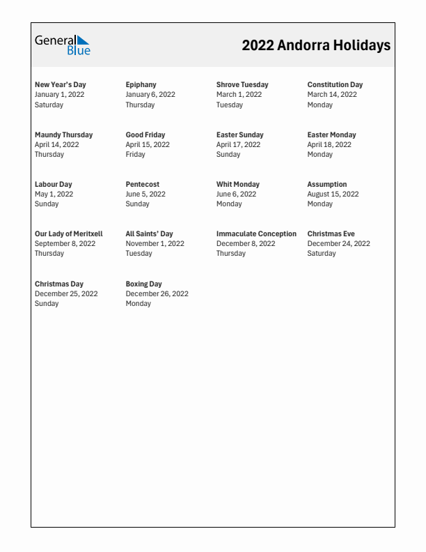 Free printable list of Andorra holidays for year 2022