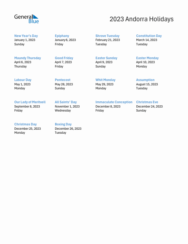 Free printable list of Andorra holidays for year 2023