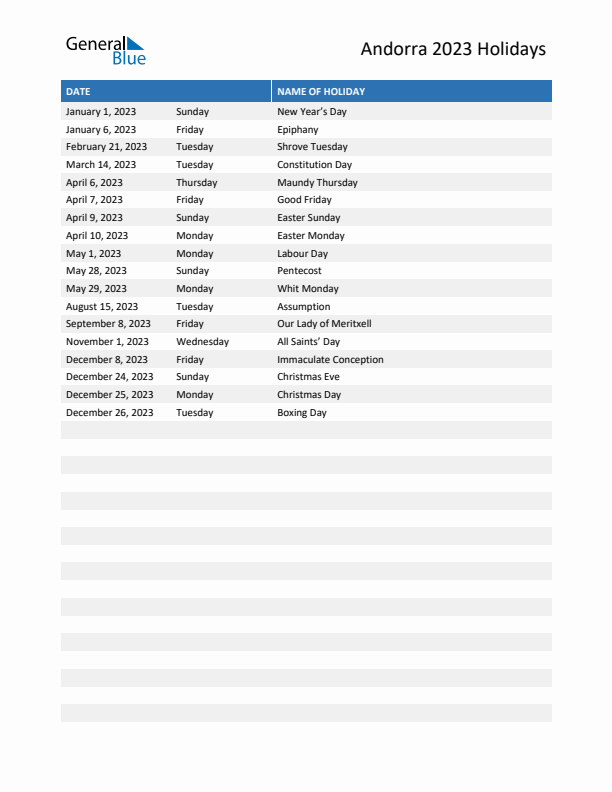 Free printable list of Andorra holidays for year 2023