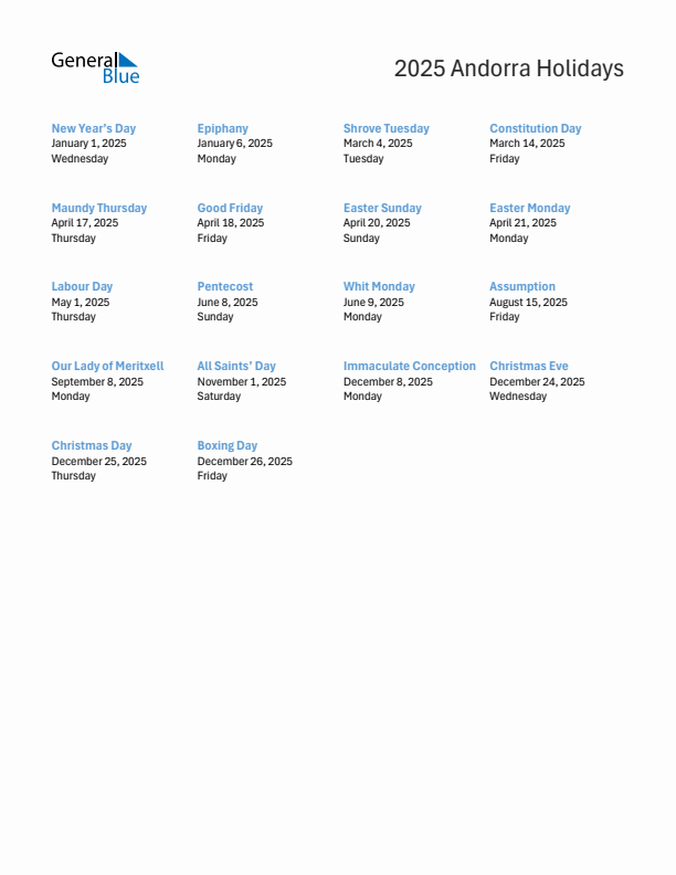 Free printable list of Andorra holidays for year 2025