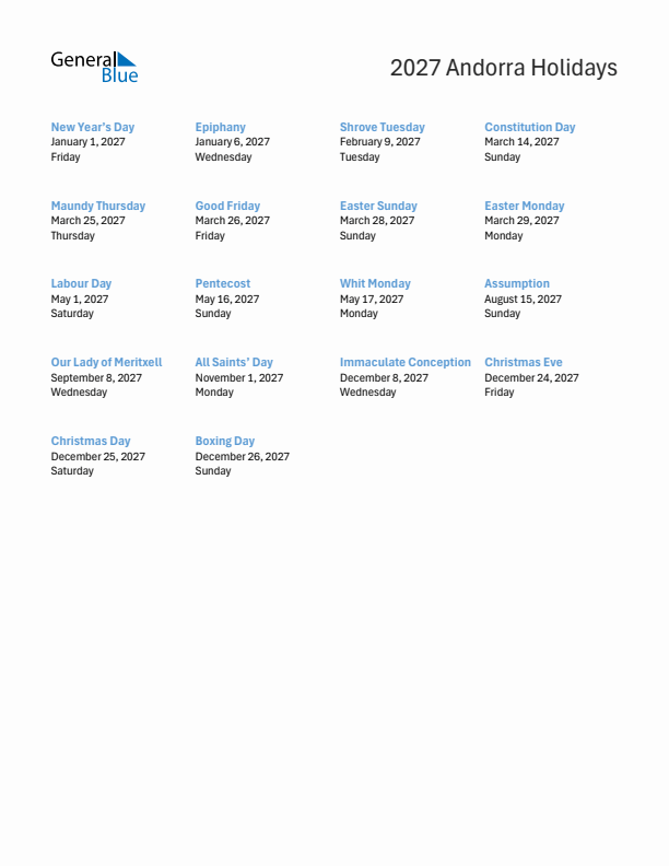 Free printable list of Andorra holidays for year 2027