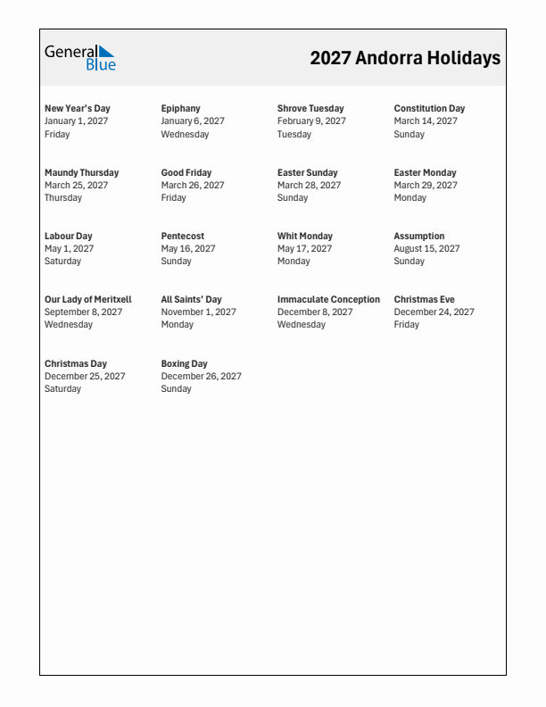 Free printable list of Andorra holidays for year 2027