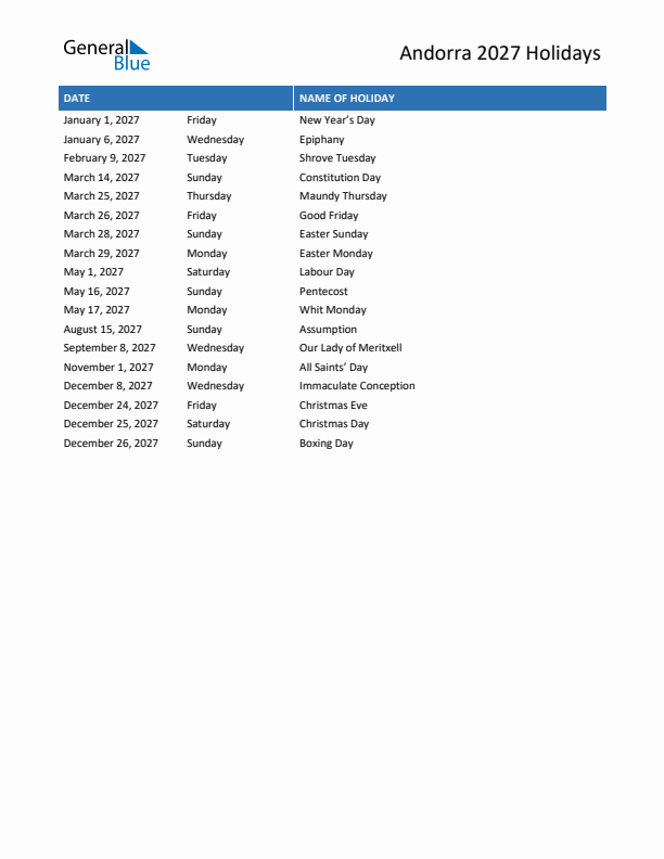 Free printable list of Andorra holidays for year 2027