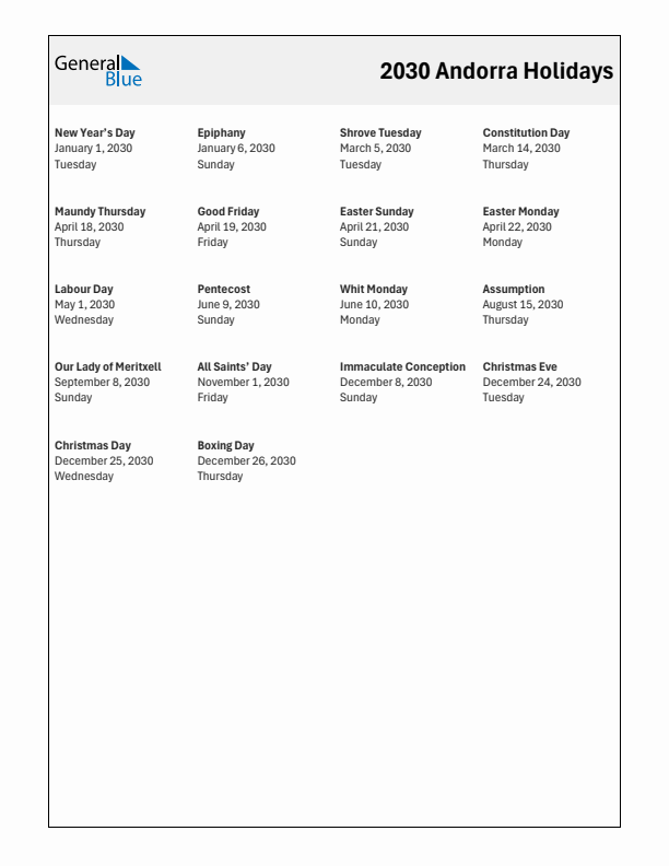 Free printable list of Andorra holidays for year 2030