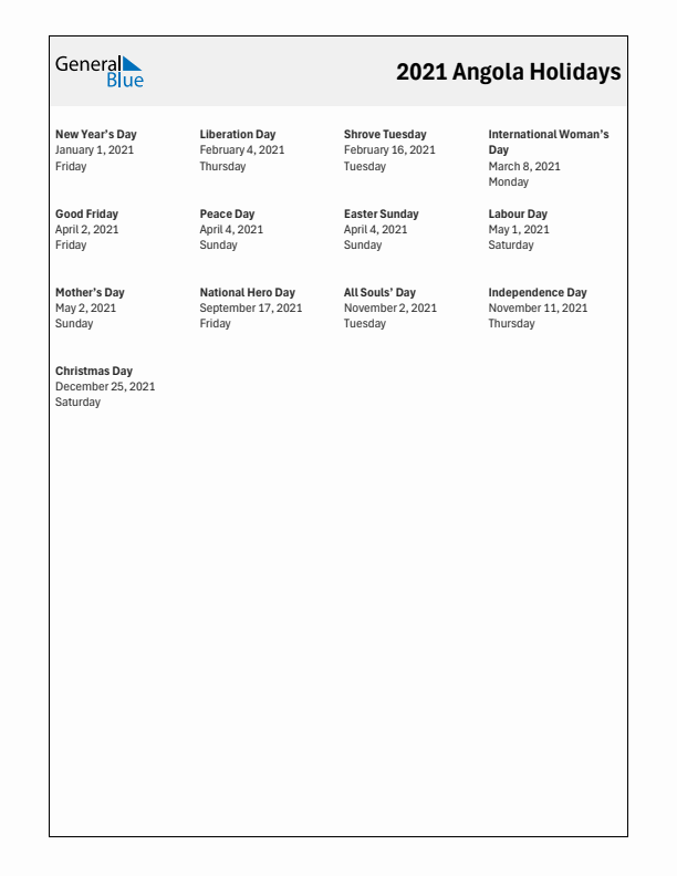 Free printable list of Angola holidays for year 2021