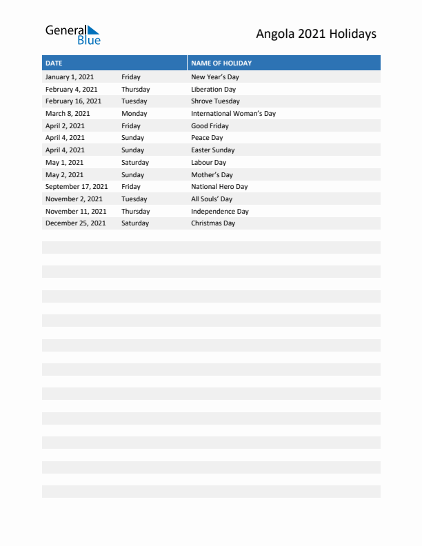 Free printable list of Angola holidays for year 2021