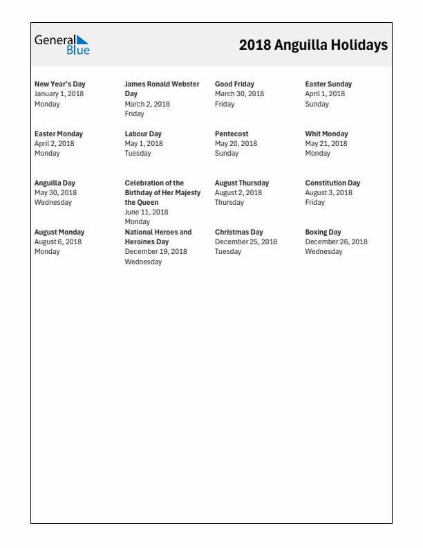 Free printable list of Anguilla holidays for year 2018