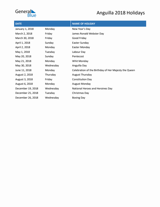 Free printable list of Anguilla holidays for year 2018