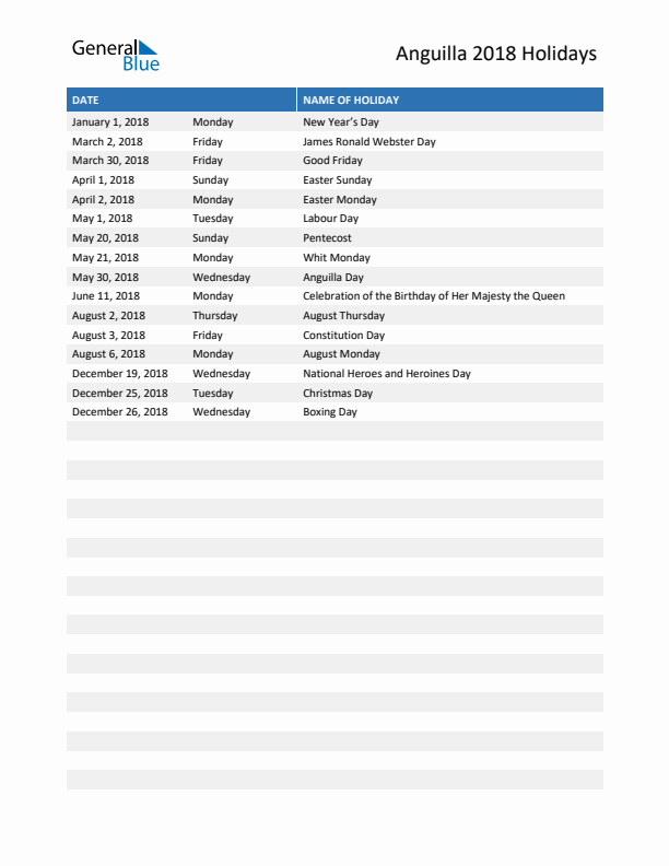 Free printable list of Anguilla holidays for year 2018