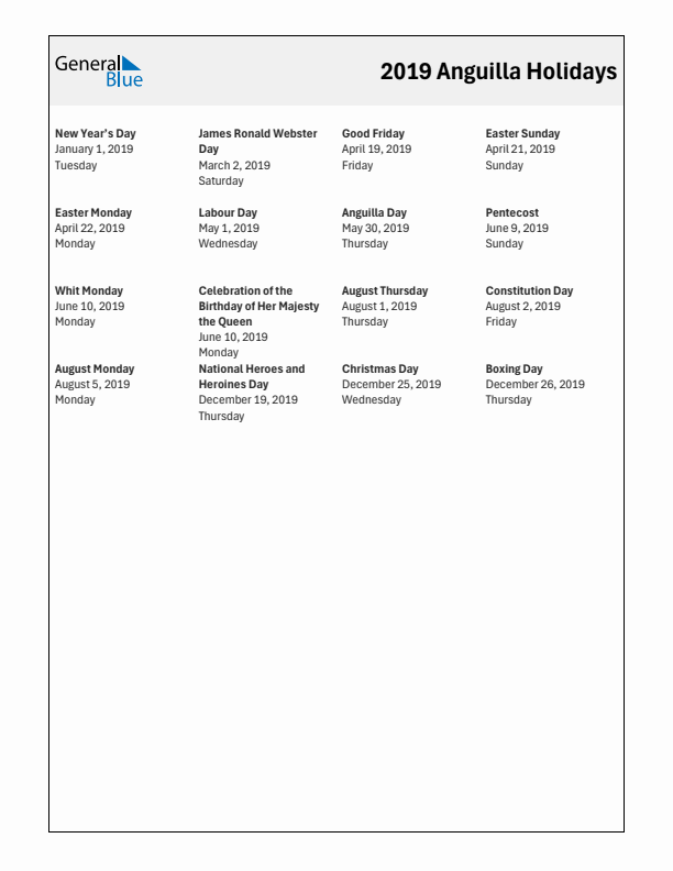 Free printable list of Anguilla holidays for year 2019