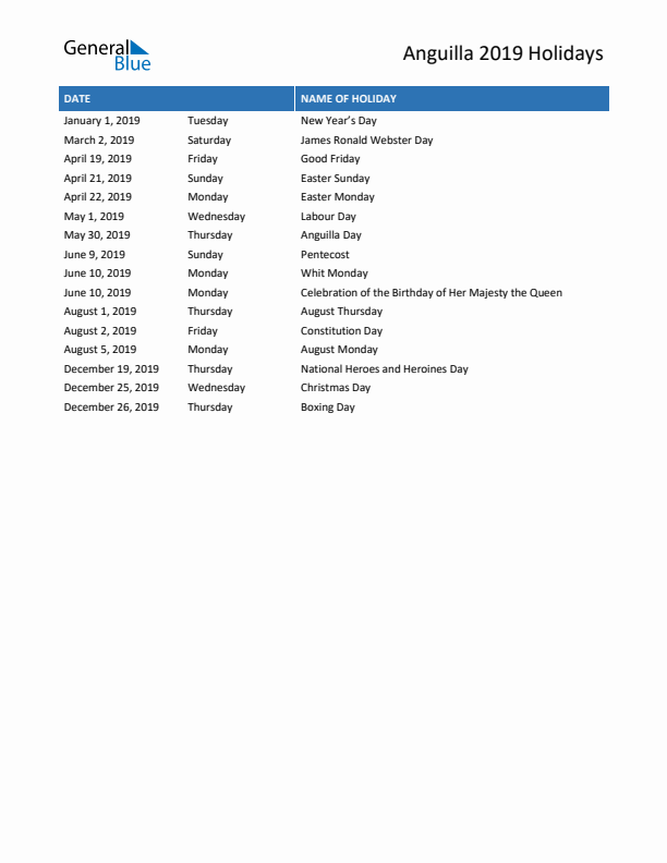 Free printable list of Anguilla holidays for year 2019