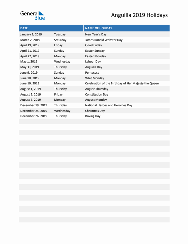 Free printable list of Anguilla holidays for year 2019