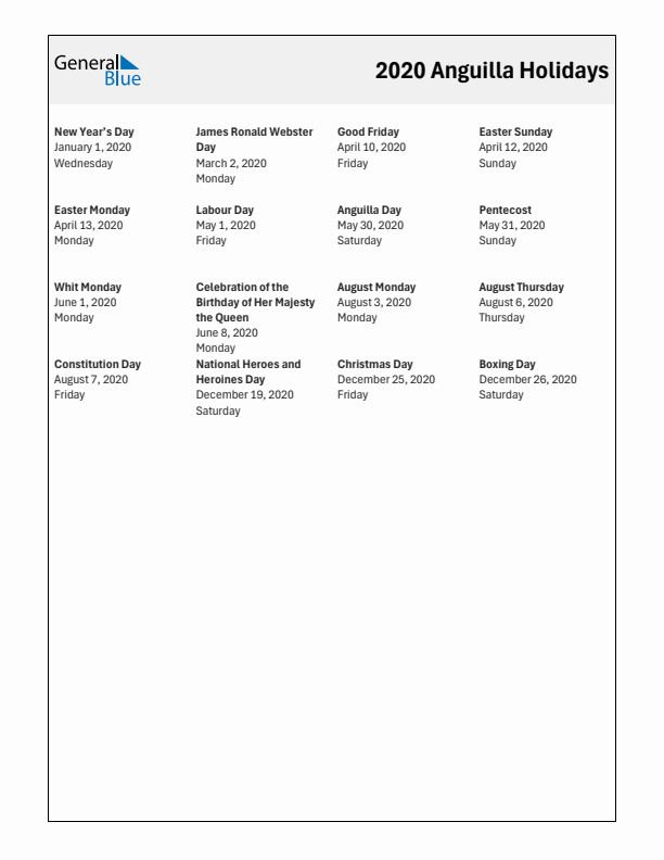 Free printable list of Anguilla holidays for year 2020