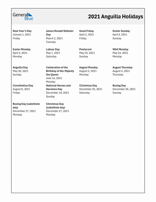 Free printable list of Anguilla holidays for year 2021