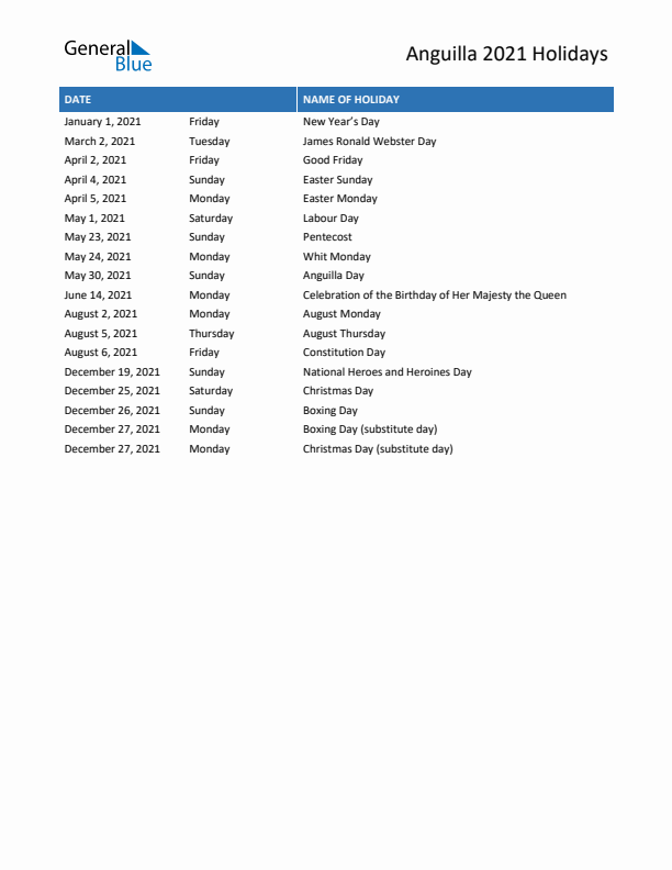 Free printable list of Anguilla holidays for year 2021