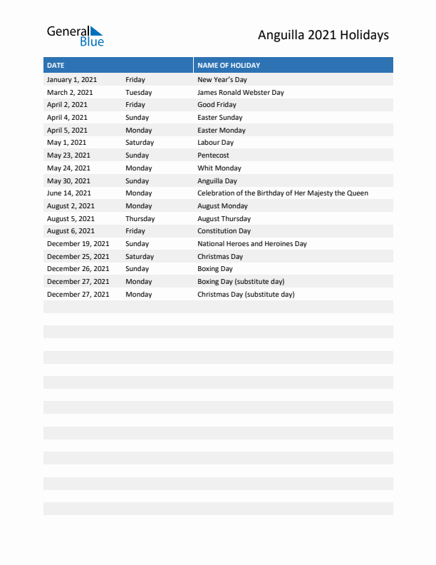 Free printable list of Anguilla holidays for year 2021