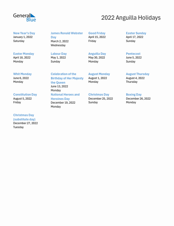 Free printable list of Anguilla holidays for year 2022