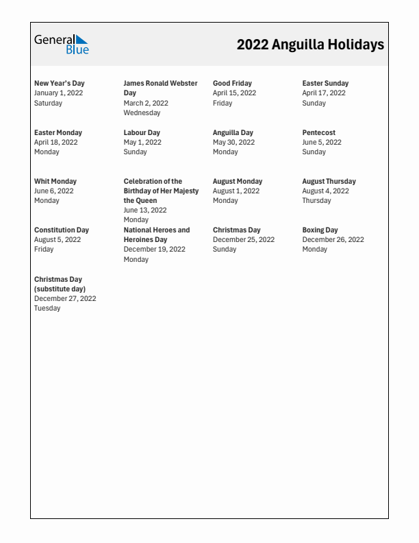 Free printable list of Anguilla holidays for year 2022