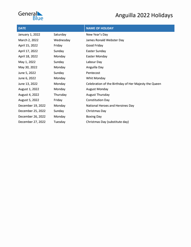 Free printable list of Anguilla holidays for year 2022