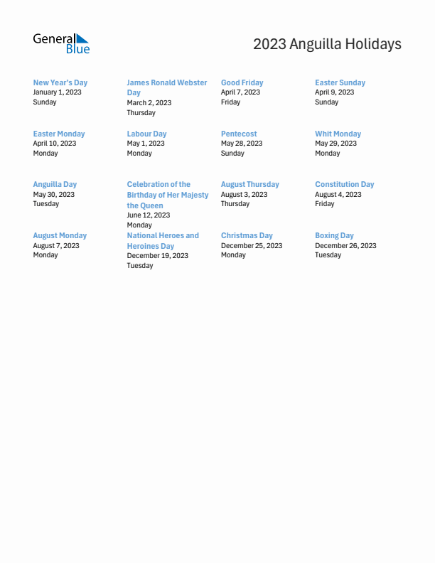 Free printable list of Anguilla holidays for year 2023