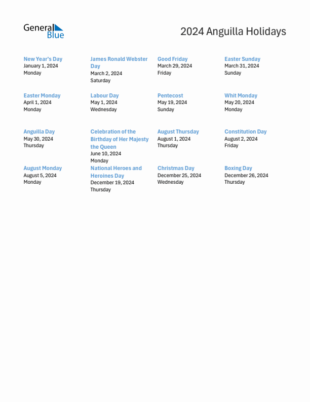 Free printable list of Anguilla holidays for year 2024