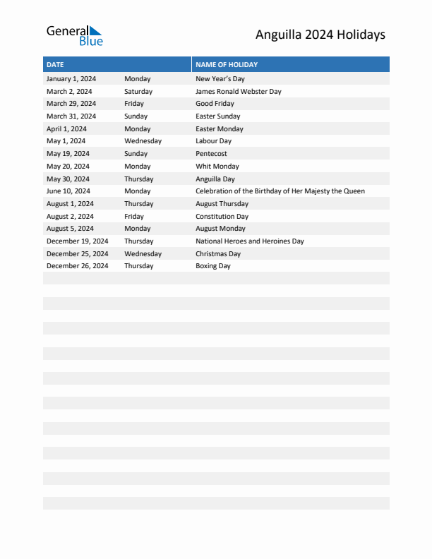 Free printable list of Anguilla holidays for year 2024