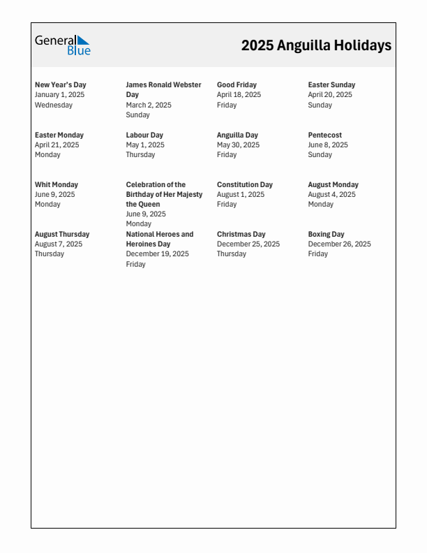 Free printable list of Anguilla holidays for year 2025