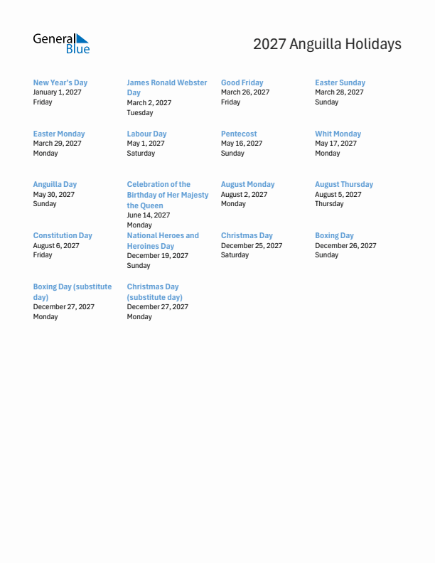 Free printable list of Anguilla holidays for year 2027