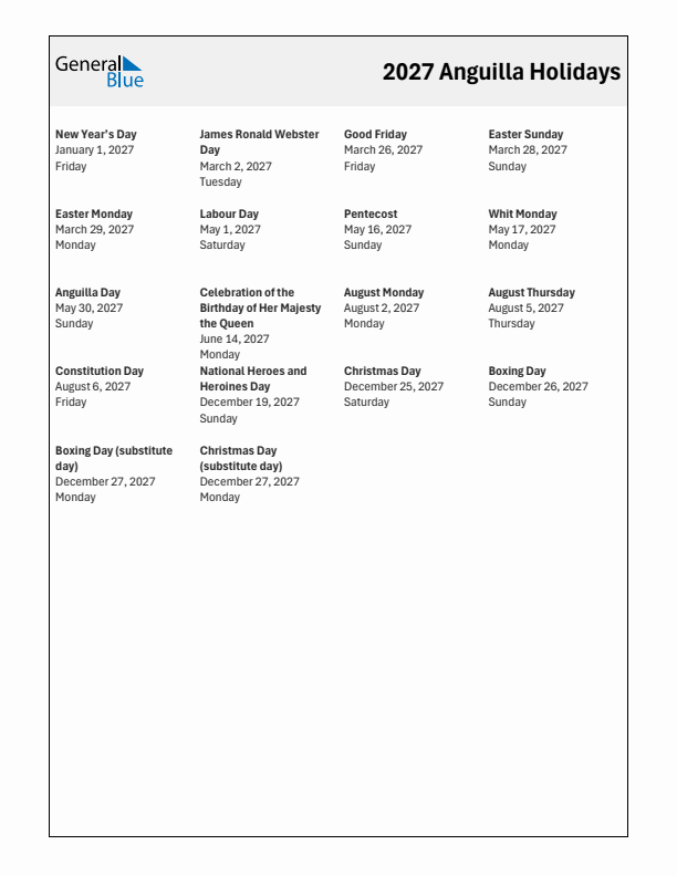 Free printable list of Anguilla holidays for year 2027