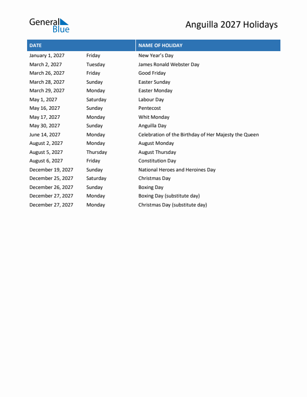 Free printable list of Anguilla holidays for year 2027