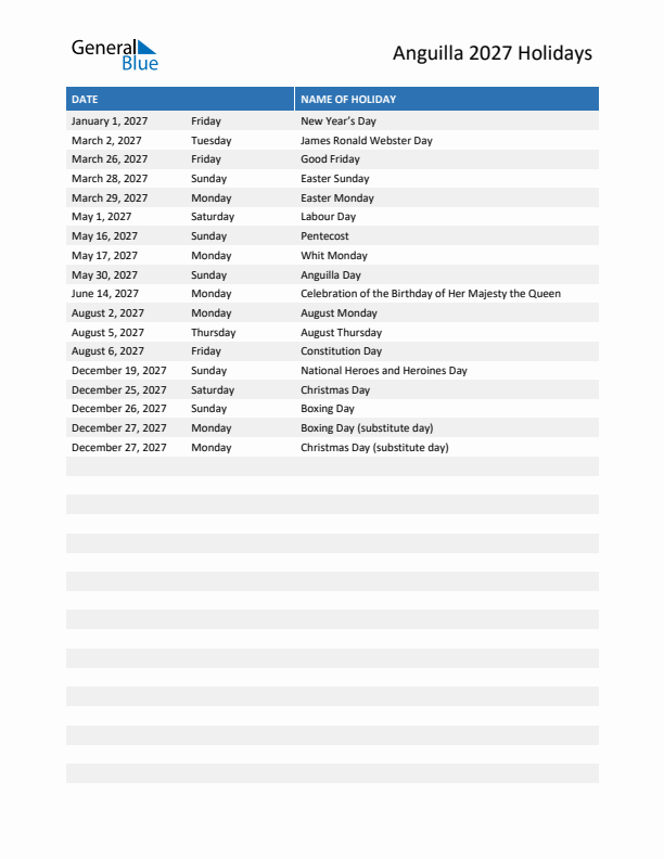 Free printable list of Anguilla holidays for year 2027